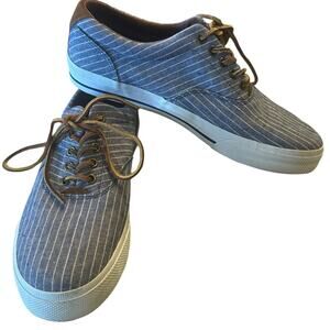 Polo Ralph Lauren Blue and White Striped Vaughn Canvas and Suede Sneakers
